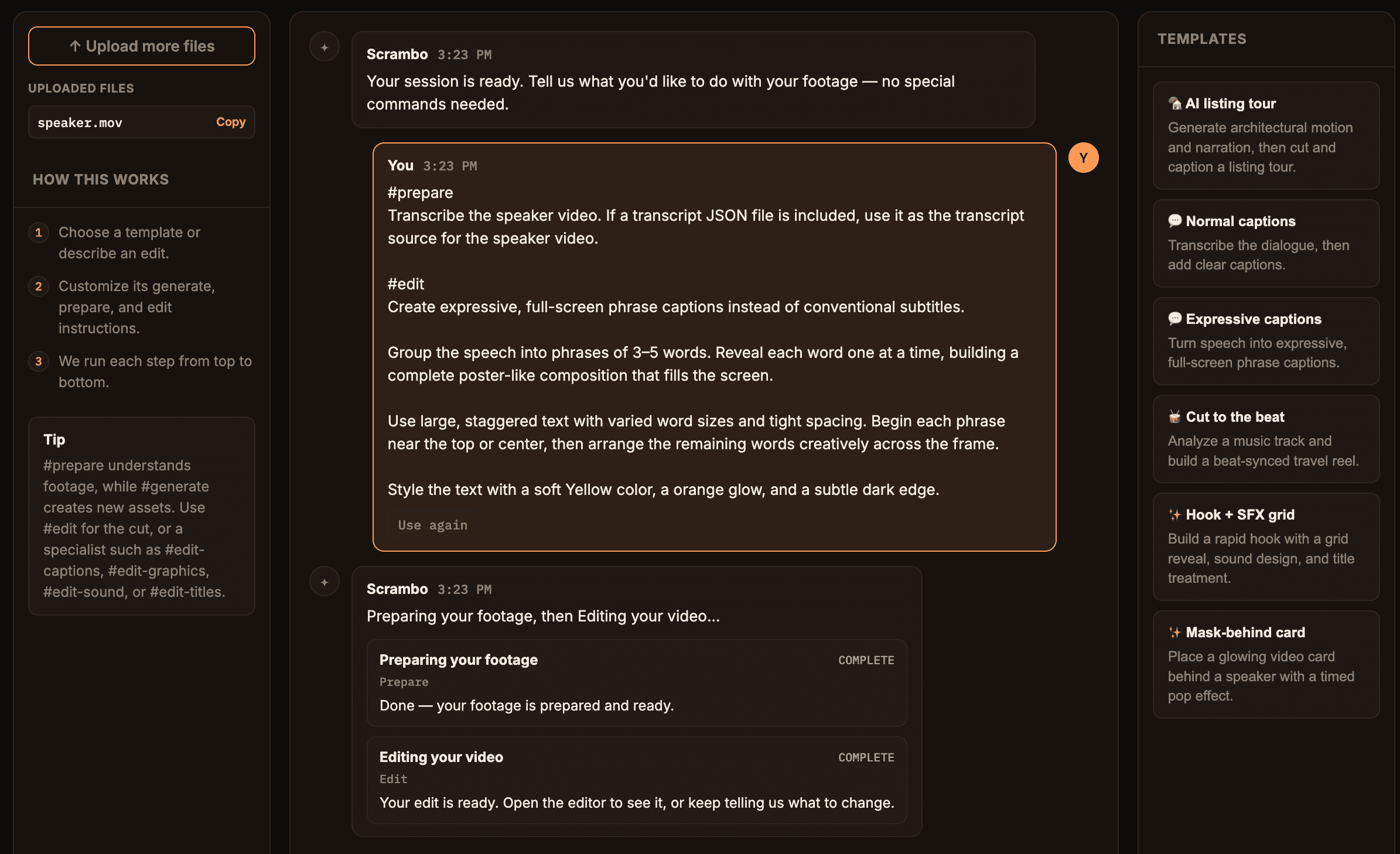 Chat Edit interface showing a video editing conversation and selectable templates