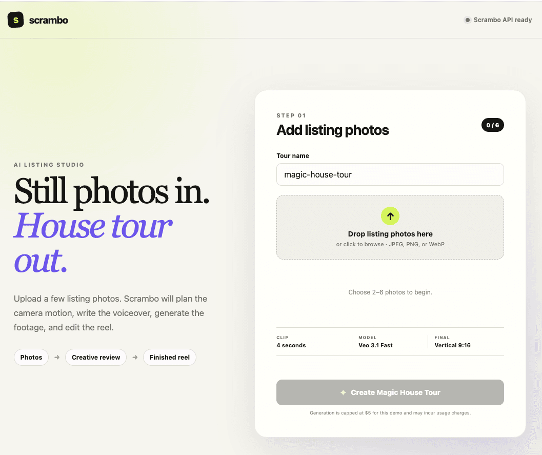 Magic House Tour interface for uploading listing photos and generating a property video